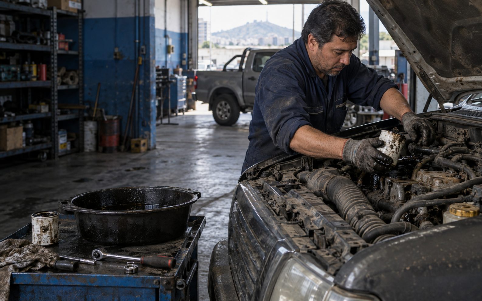 Trabajo de mantenimiento mecánico en un vehículo diésel