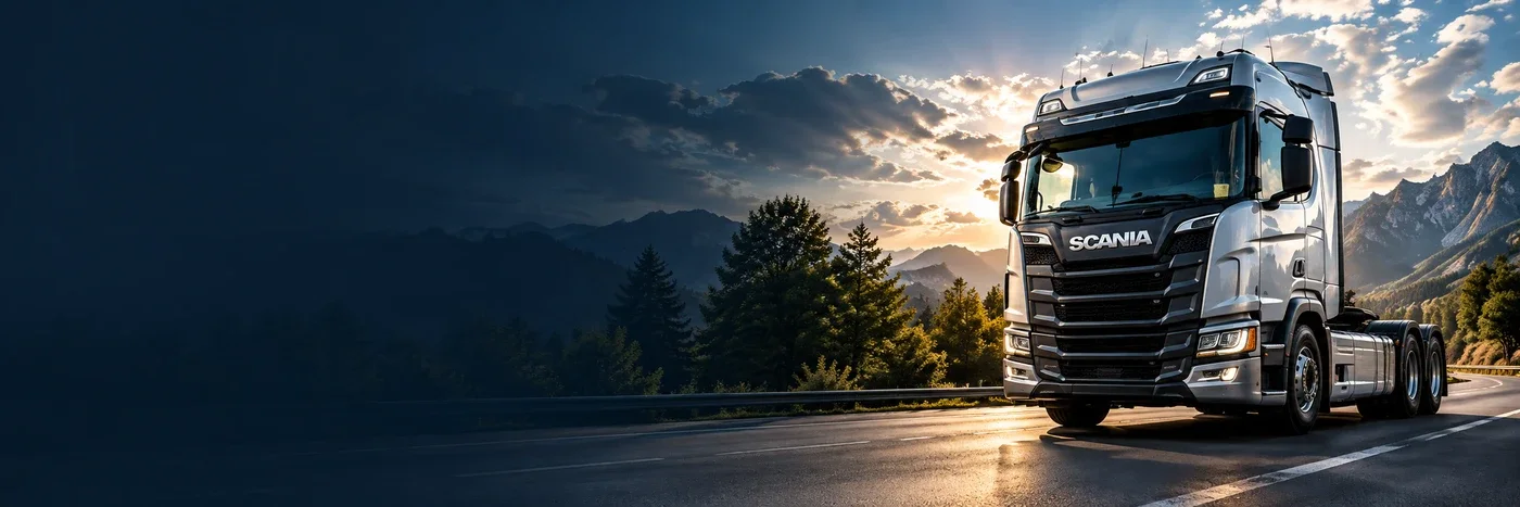 Composición ilustrativa de un camión Scania en un paisaje de montaña